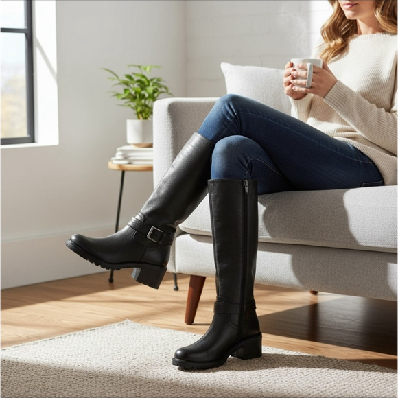 Zodiac Shoes - Zodiac Modern Western Moto Knee Height Tall Boots SZ 7 M REGULAR Calf BLACK
